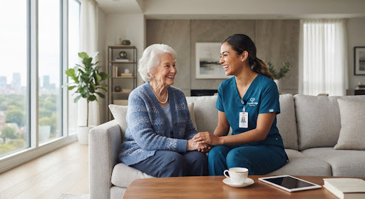 An elderly woman smiling while talking with a compassionate caregiver in a warm, modern living room.