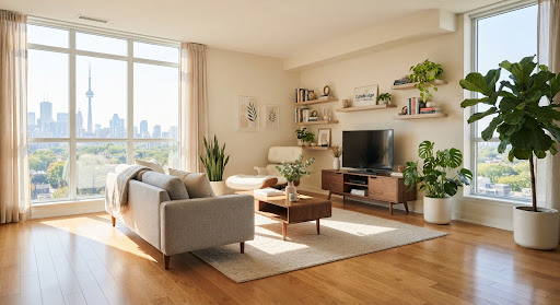 A brightly lit, meticulously clean modern living room with warm wooden floors and indoor plants.
