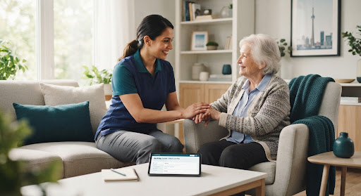 A compassionate personal support worker helping an elderly woman in a bright, modern living room.