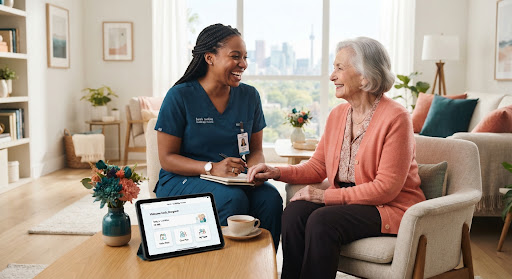 A professional caregiver in medical scrubs smiling warmly with an elderly woman in a bright, modern living room.
