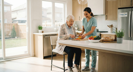 A professional homecare worker assisting an elderly woman in a bright, modern kitchen.