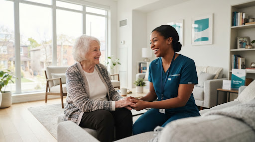 A smiling healthcare worker interacting warmly with an elderly client in a comfortable, modern living room.