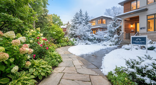 A well-maintained garden path in summer transitioning to a cleanly shoveled snowy walkway in winter.
