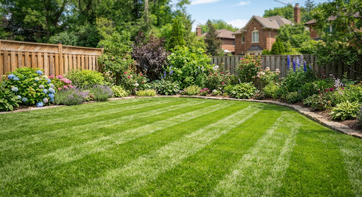 A freshly mowed green lawn with neat professional mowing stripes.
