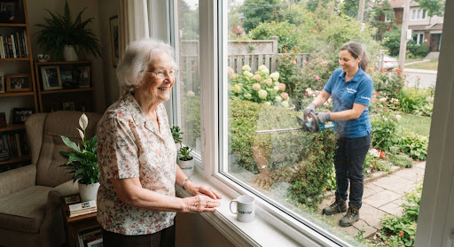 An elderly woman smiling as a CareBridge worker trims the hedges in her garden.